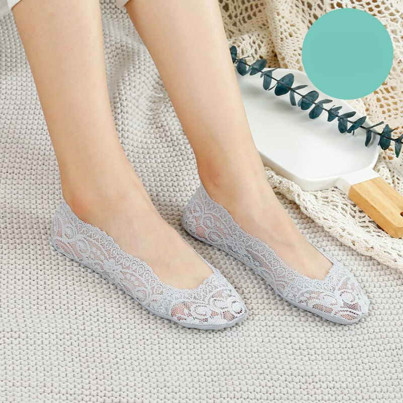 Women Solid Color Socks Lace Invisible Perspective Socks Summer Thin Breathable Socks For Female Silicone Non-slip Lining Socks: Grey