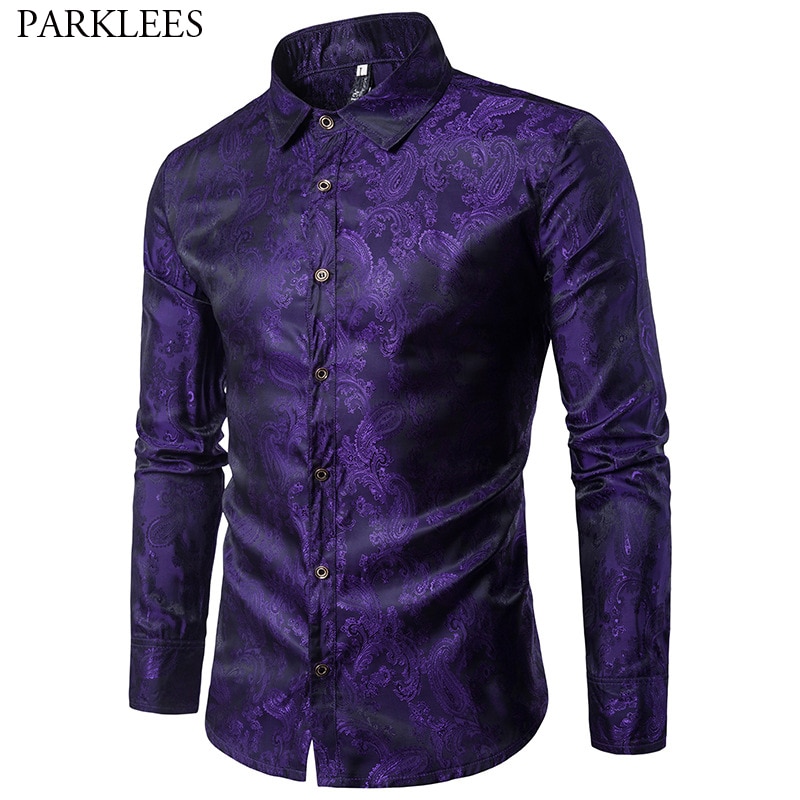 Purple Paisley Floral Print Silk Shirt Men Slim Fit Long Sleeve Mens Dress Shirts Party Event Male Social Shirt