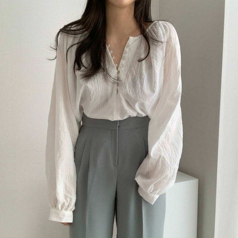 Jlong Temperament Long Sleeve Thin Shirt Women Chic Solid Color Blouse Spring Autumn Loose Shirts Tops