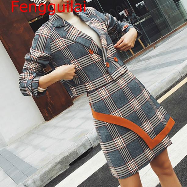 Fengguilai Spring Autumn Two Piece Plaid Skirt Suit Set Women Korean Style Female Set Mini Skirt And Short Jackets Double Breast