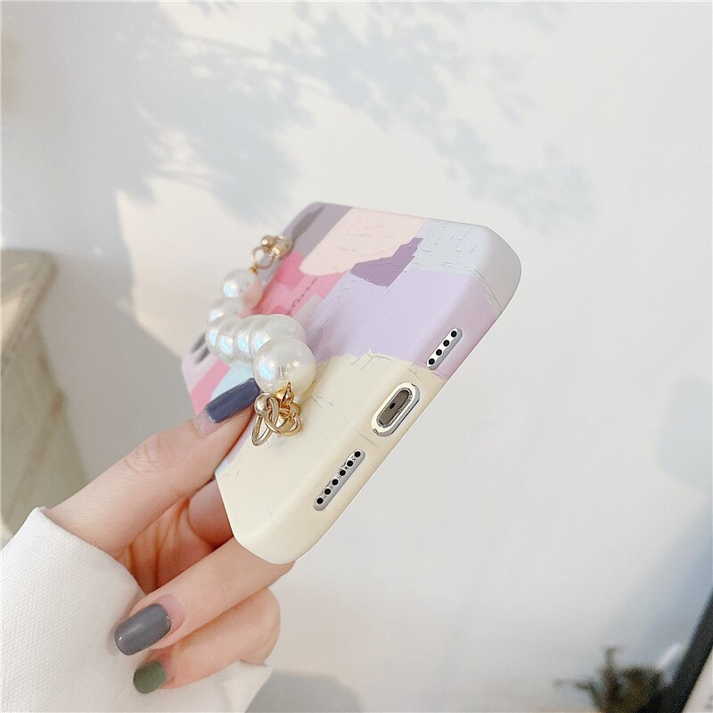 Pulsera con diamantes de imitación y perlas para iphone, funda protectora con grafiti geométrico para iphone 12 11 Pro Max X XR Xs max 7 8Plus SE2020