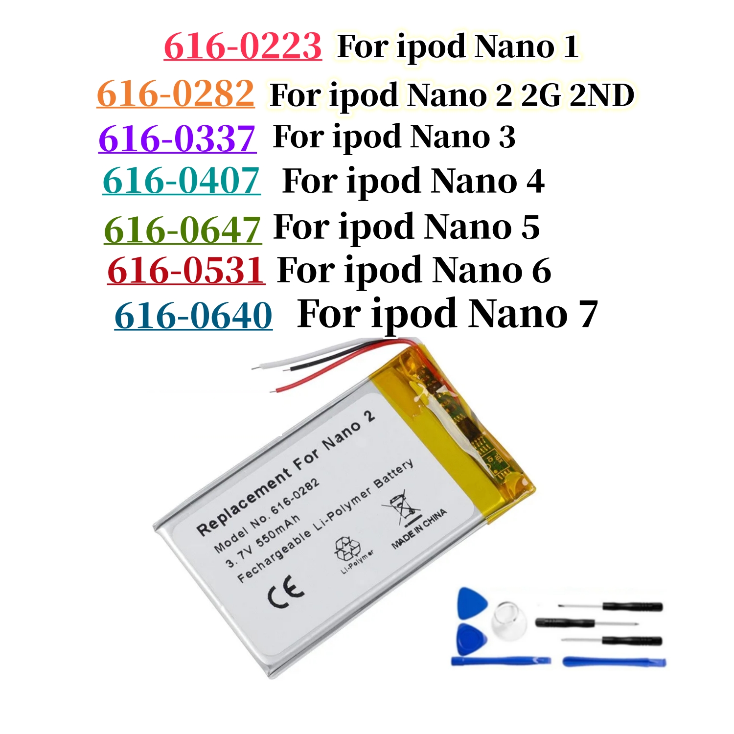 Nueva batería para iPod Nano 1 2 3 4 5 6 7 4th 5th 6th 7th 1st 2nd Gen 2Gen 3rd 3 Gen 3Gen + herramientas gratuitas