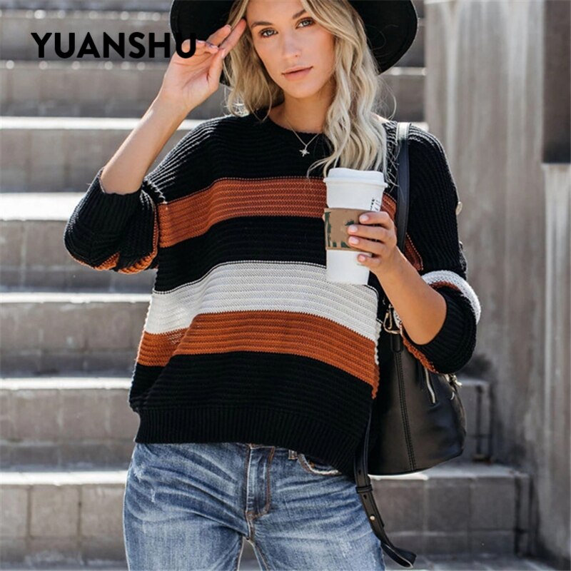 YUANSHU Pull Femme Casual Oranje Gestreepte Trui Vrouwen Warm Gebreide Trui Herfst Winter Losse Dames Tops Vrouwelijke Jumper