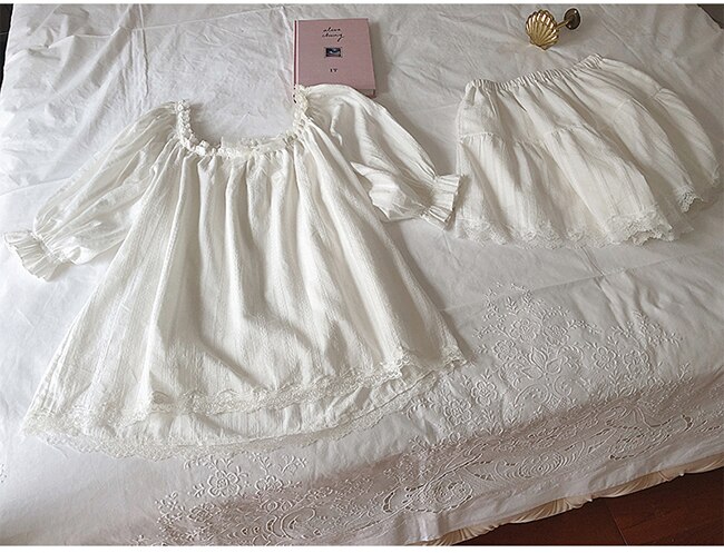 Summer Girl Cotton Ruffle Tops + Shorts Bow Pajama Set. Set pigiami in pizzo per bambini Vintage. Pigiami da notte per bambini vittoriani