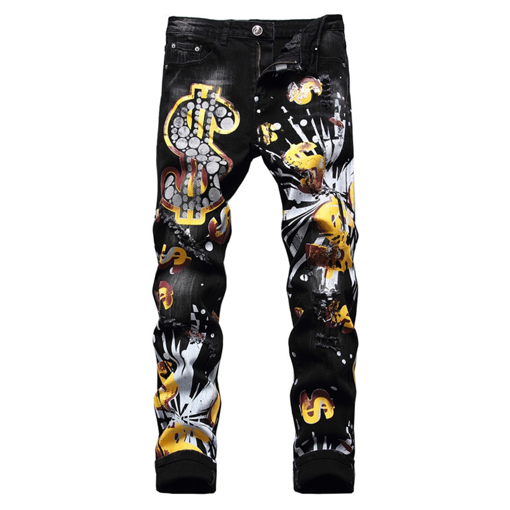 Mannen Dollar Print Jeans Gaten Ripped Denim Broek Gedrukt Zwart Slim Skinny Tapered Potlood Broek