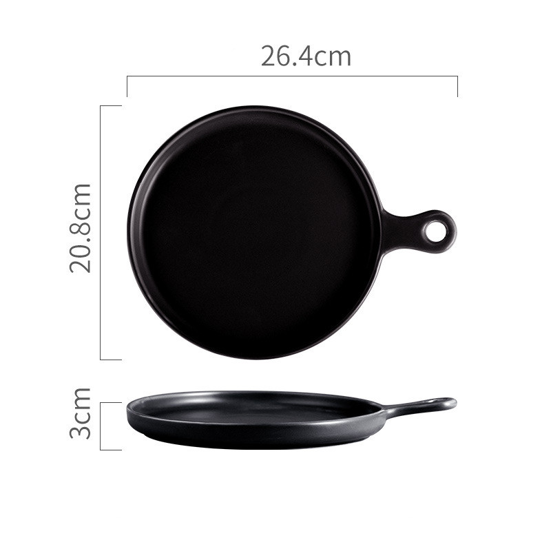 Plato nórdico redondo de cerámica sólida, plato de cena de porcelana con mango resistente al calor, bandeja para carne, Pasta, aperitivos y pasteles, 10 pulgadas: Black