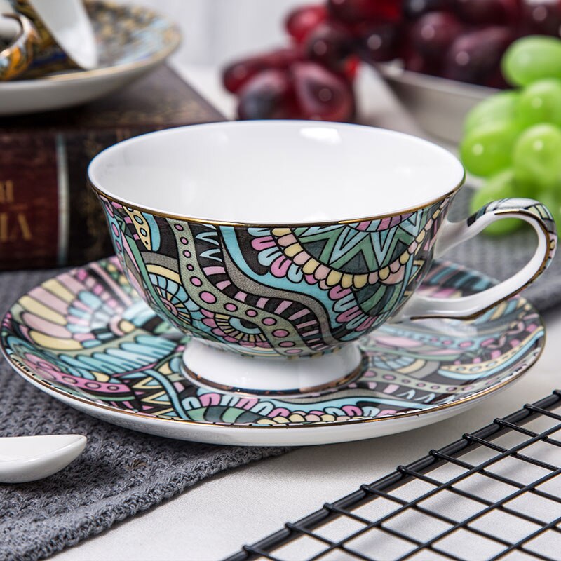 Bohemia Pattern Fine Bone China Cup and Saucer With spoon Set: A