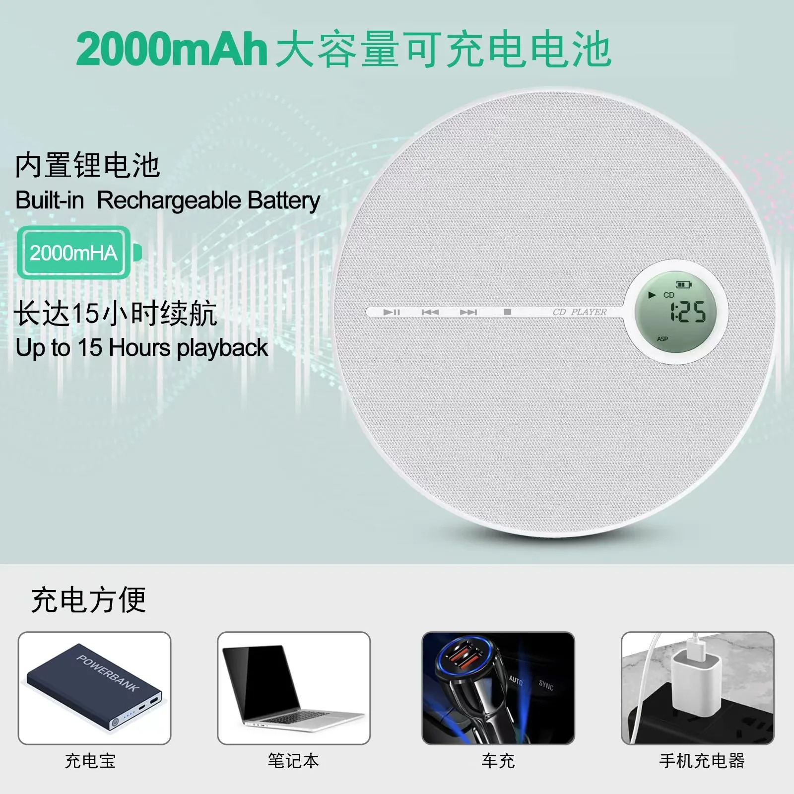 Portable Bluetooth CD Player Built-in Speaker Stereo, Personal Walkman MP3 Players Student Education Learning Repeating Machine