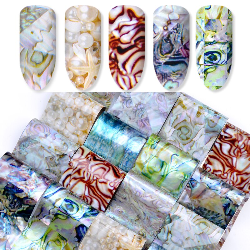 16 stks/set Gradiënt Kleurrijke Nail Folies Gemengde Marmeren Shell Parel Creatieve Transfer Stickers Voor DIY Manicure Nail Art Decoraties