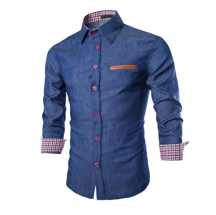 M~ 3xl imitert skinn lomme slank skjorte herre uformell sving-ned krage langermet skjorte knapp denim virksomhet skjorte