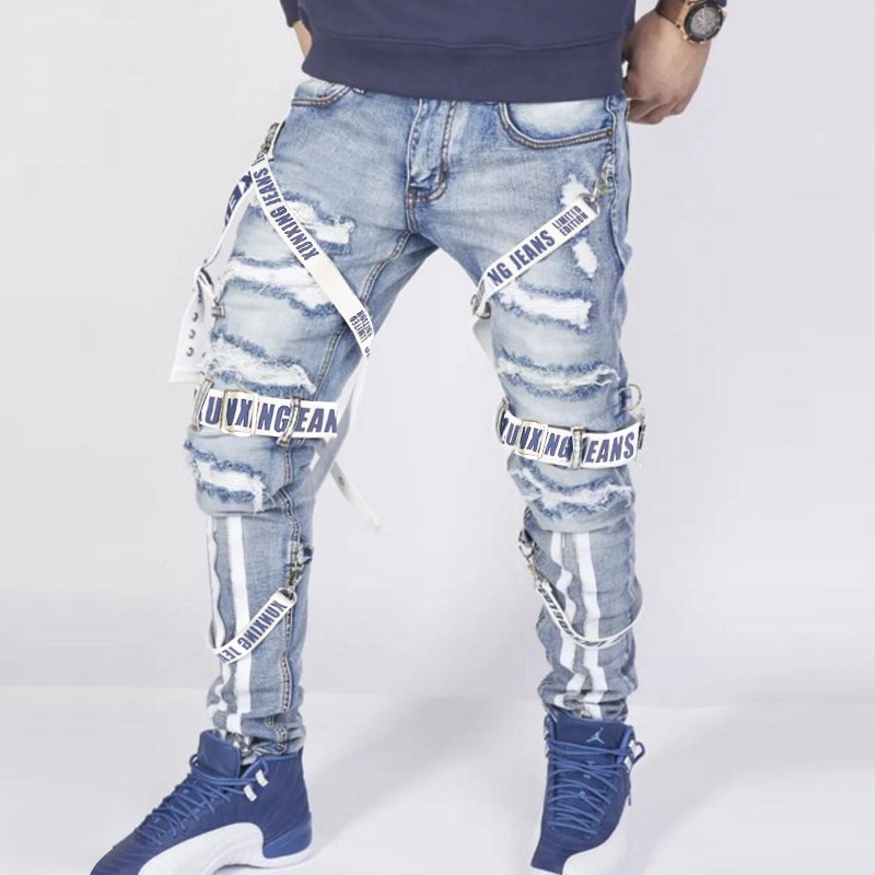 Men&#39;s jeans summer loose trousers trendy street men&#39;s collocation autumn straight pants ripped motorcycle boy pants
