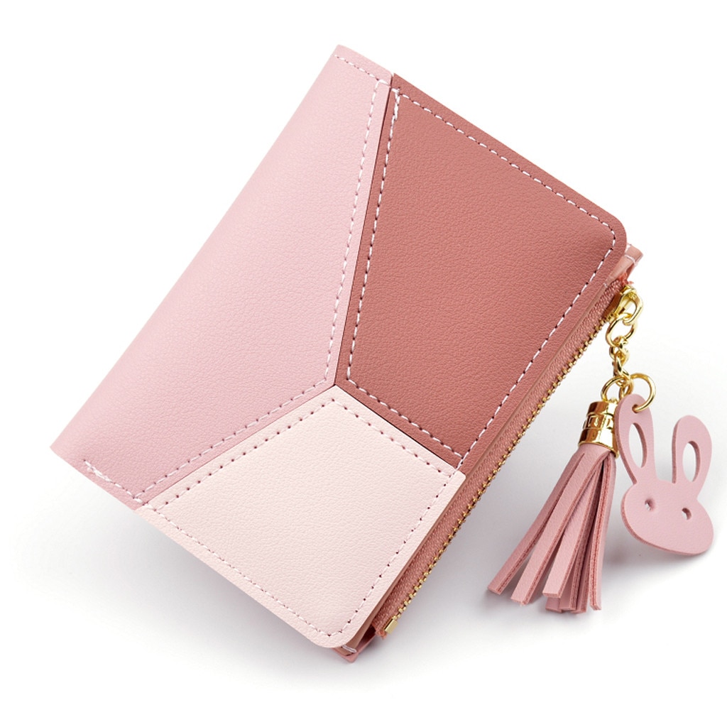 Women Wallets with Zipper Pink Phone Pocket Purse Card Holder Patchwork Women Long Wallet Lady Tassel Short Coin Purse