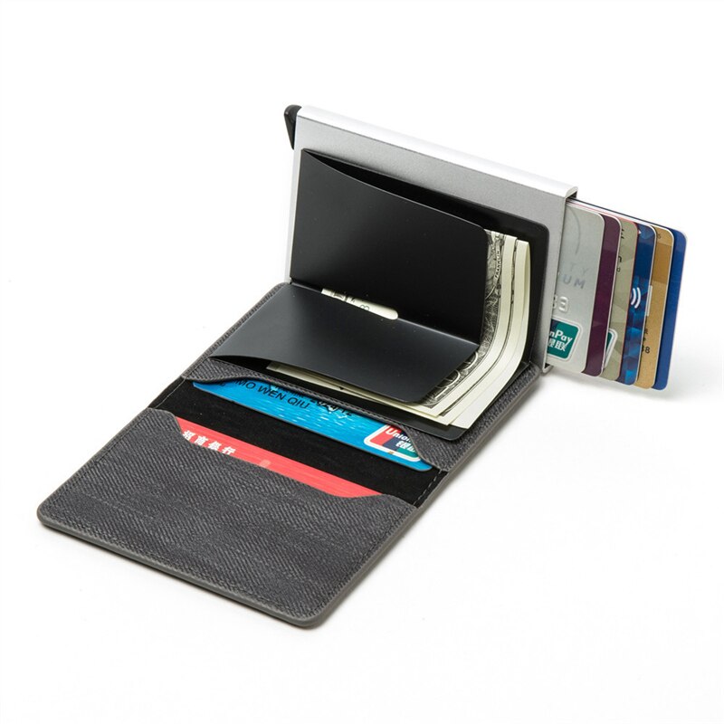 Porte-carte d'affaires bleu/gris/cuir synthétique polyuréthane marron et alliage d'aluminium matériel porte-carte de crédit portefeuille