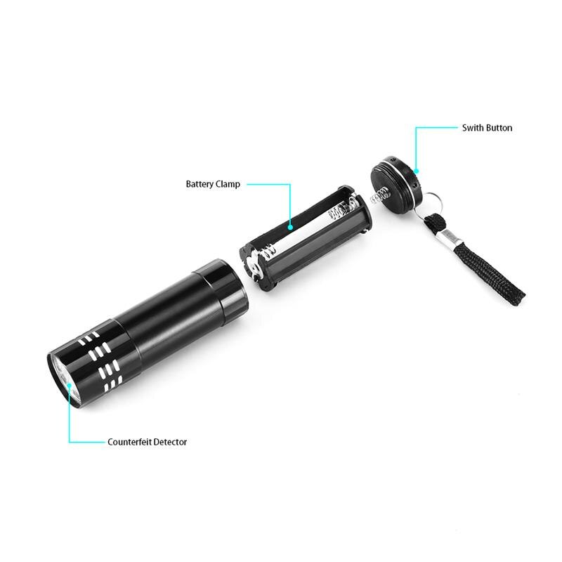 Ledde ultraviolett lampa super mini 9 led ficklampa svart ficklampa super mini aluminium uv ljus ficklampa uv nattlampa