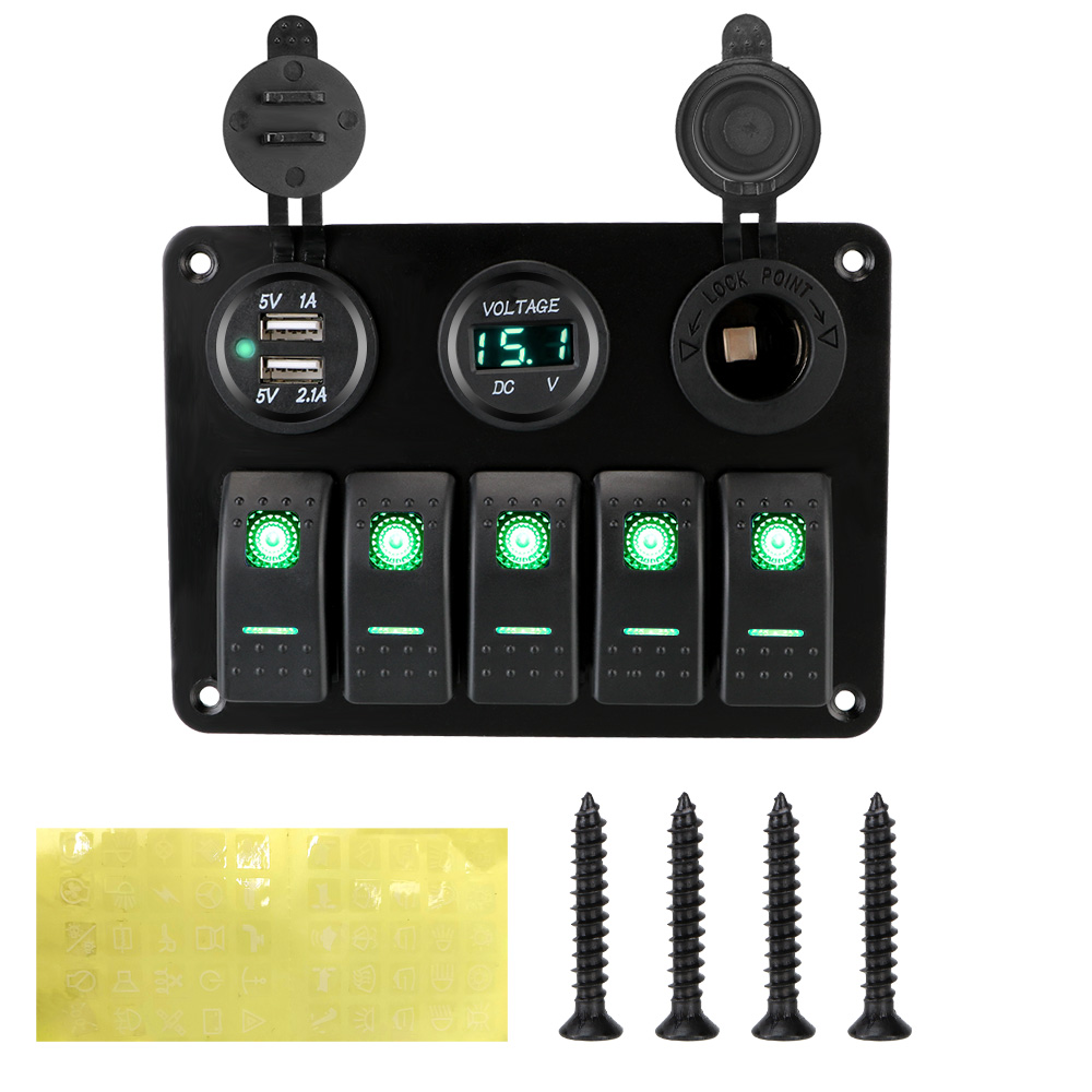 Digital spenning dobbel usb-spor stikkontakt vanntett 5- gangs led vippebryterpanel 12/24v uttak kombinasjon med sikring