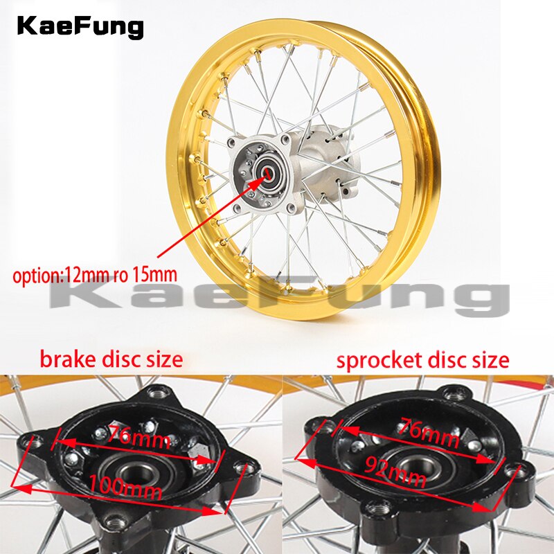 Jante de moto de 1.85 à 12 pouces, roue arrière de 80/100 à 12 pouces en Aluminium, moyeu s, trou de 15mm