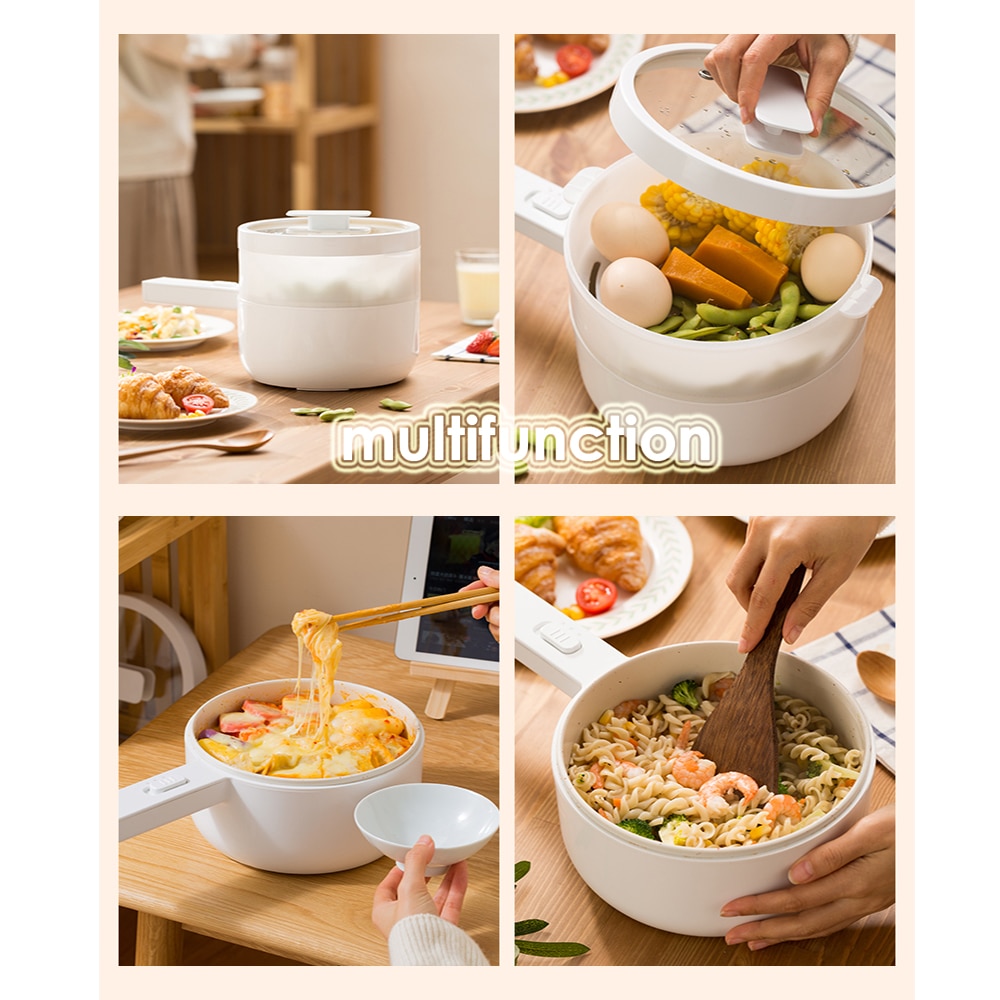 1.5L Capacity Electric Cooking Pot 220V Portable Multifunctional Electric Cooker Steaming Net Desktop Mini Pot Skillet