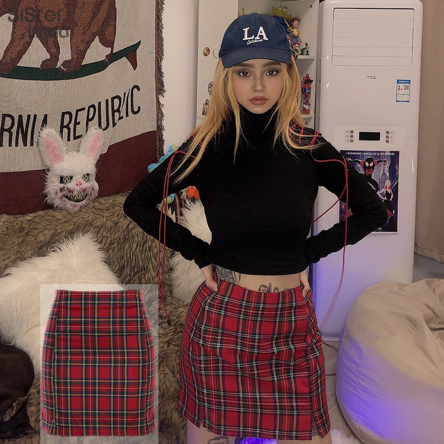 Sisterlinda enkel rød kort bodycon rutete skjørt dame sommer høy midje miniskjørt streetwear kort fritidsskjørt