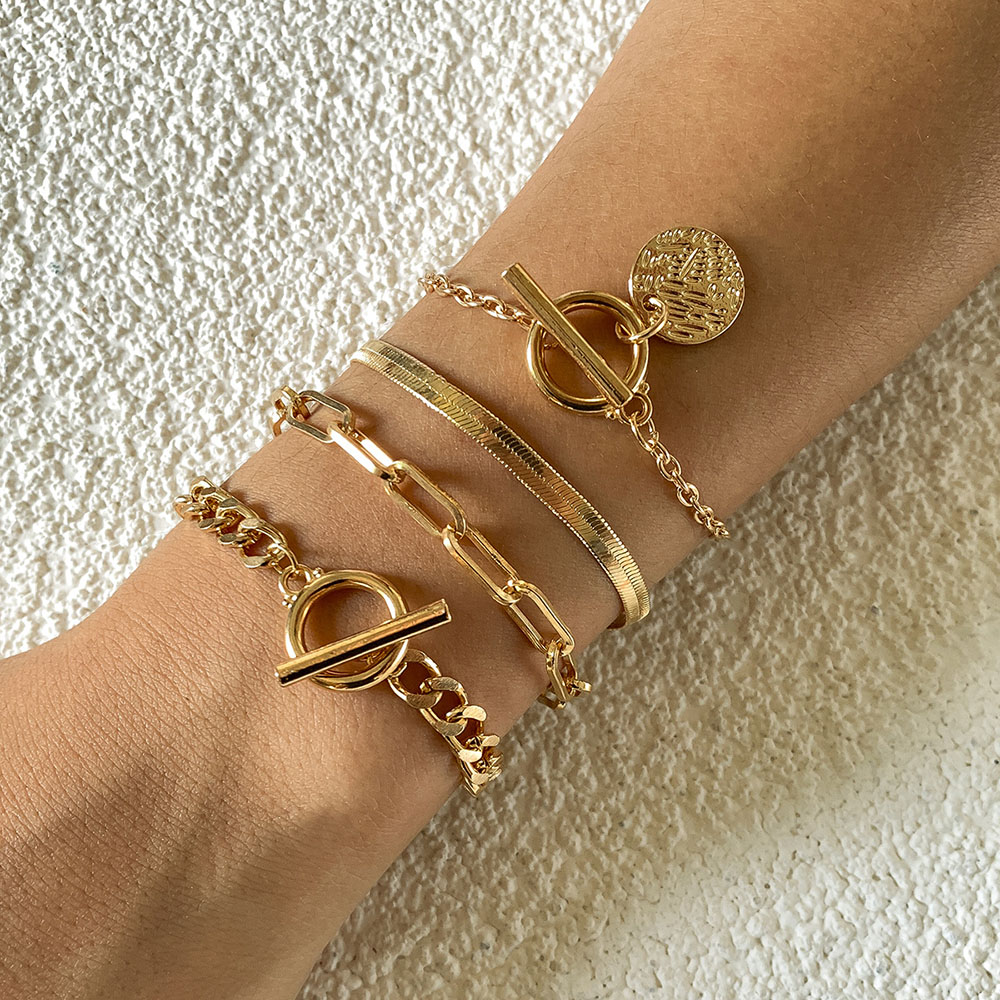 Pulsera ajustable geométrica multicapa bohemia para mujer, cadena de serpiente plana a la Punk, conjunto de pulseras de Metal huecas, de joyería para niña: Estampado en caliente