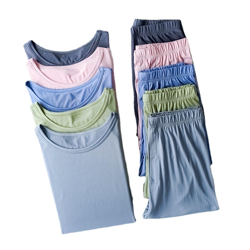 Pyjama en coton Modal pour homme, vêtements de nuit à manches longues, couleur unie, ample, grande taille, tenue de maison, printemps, 95%
