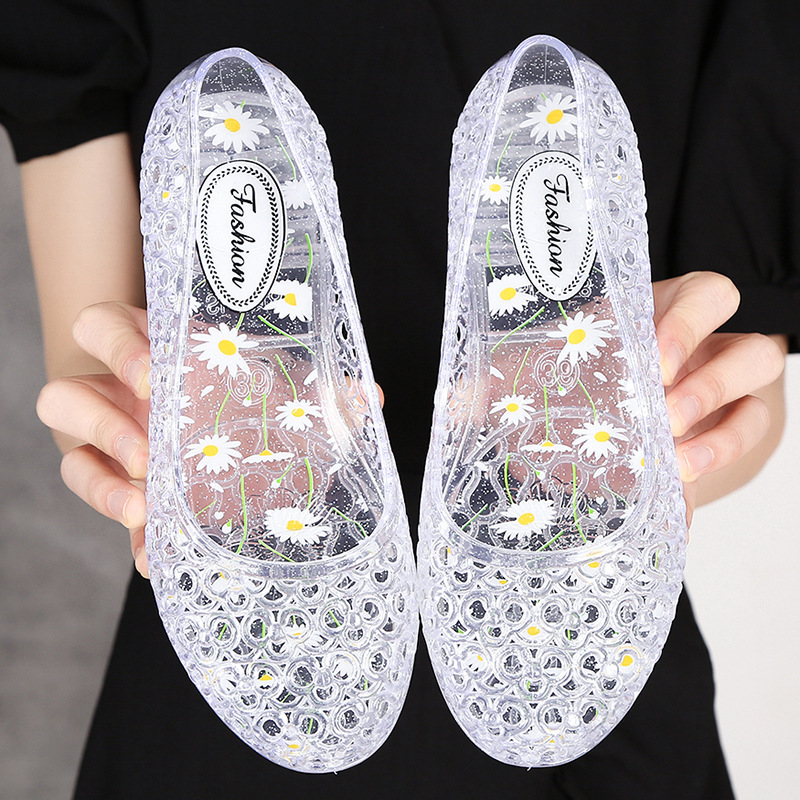 Sandalias De Mujer, Sandalias planas con lentejuelas para Mujer, zapatos De gelatina para playa para Mujer, Sandalias planas transparentes: Beige / 36