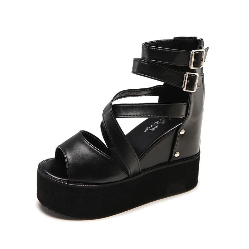 Wedges Platform Sandals Female Peep Toe High Heels Gladiator Buckle Summer Sandals Shoes for Women Shoes Woman Sandals: Black PU / 42