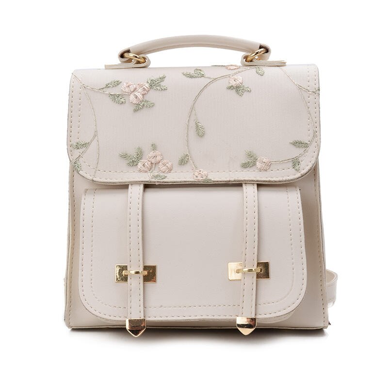 Women Backpack School Teenage Girls Small Shoulder Bag Leather Backpack Floral Embroidery Rucksack: beige