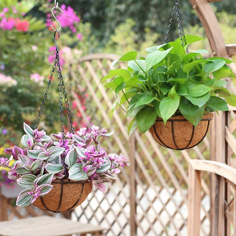 Cesta de flores colgantes de Metal, con forro de cáscara de Coco, colgante para exteriores decorativo de 10 pulgadas, 5 uds.