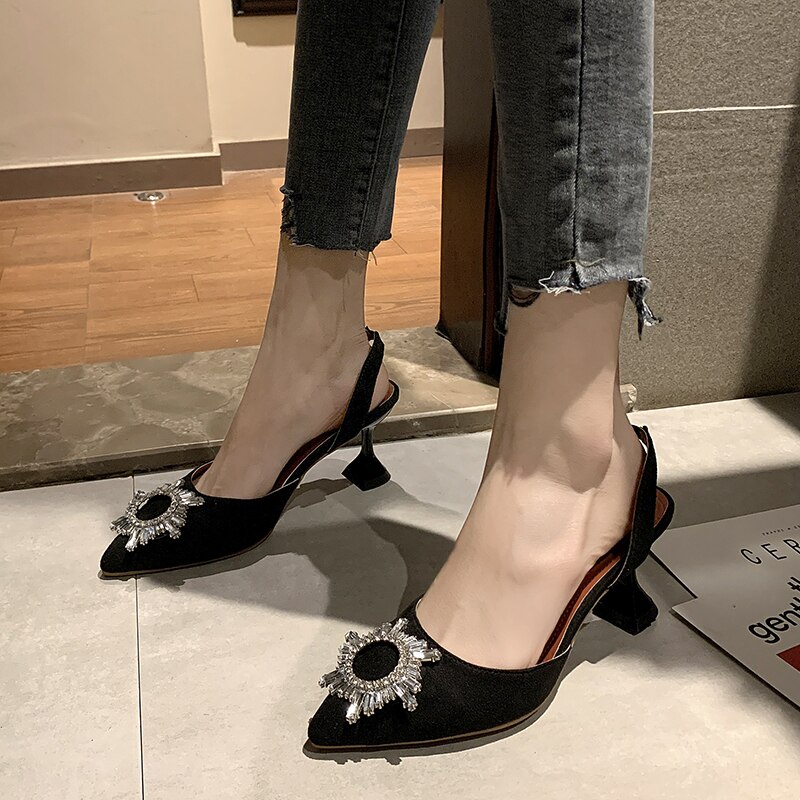 Solid Black Pointed Toe Women Shoes Woman Sandals Summer Metal Buckle High Heels Slip On Ladies Shoes Female Pumps