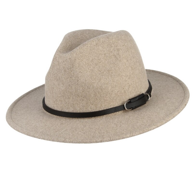 Gemvie bredskygget uld fedora filthat til kvinder varm efterår vinter panama hat jazz kasket med spænde læderbånd: Beige