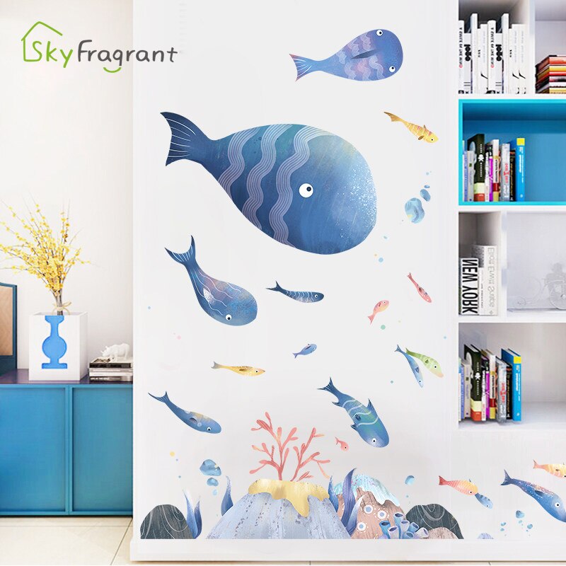 Cartoon underwater world wall sticker ocean cute fish kids room decoration stickers bathroom self-adhesive home bedroom decor