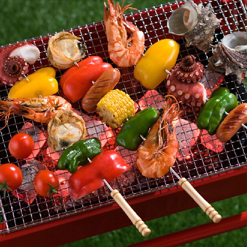 12 stk/sæt bbq grill kødspyd pinde træhåndtag værktøj nål bbq fårekød tilbehør tilbehør stål skæv  c1 v 3