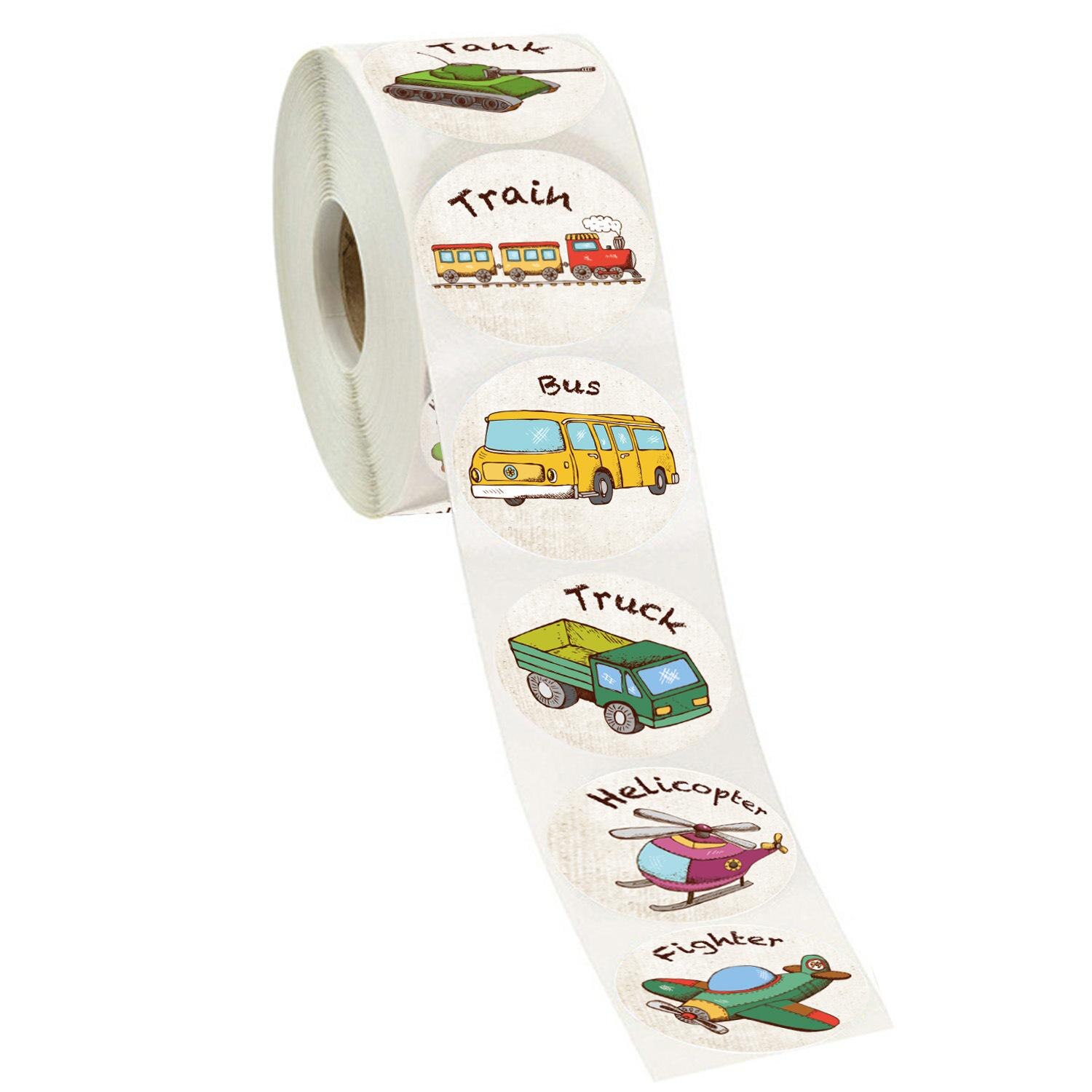 50-500pcs 8 Cars Pattern Reward Sticker for Kids Construction Sticker Cute Cartoon Bus Tank Train Truck Stationery Seal Sticker