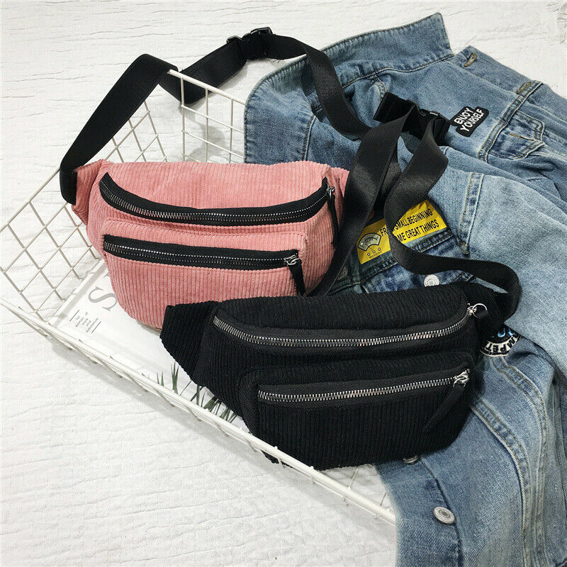 Women Waist Packs Fanny Pack Nylon Corduroy Belt Zipper Waist Bag Casual Chest Bum Bag