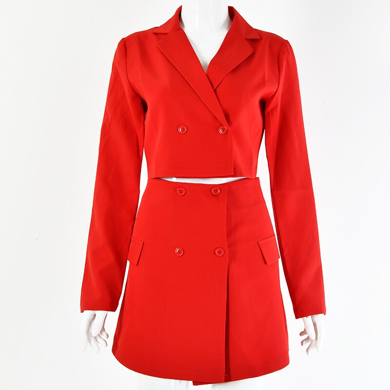 Blazer Rosa para mujer, conjunto de dos piezas de falda de manga larga con botones y cuello vuelto, conjunto a juego de cintura alta de falda,: Rojo / S