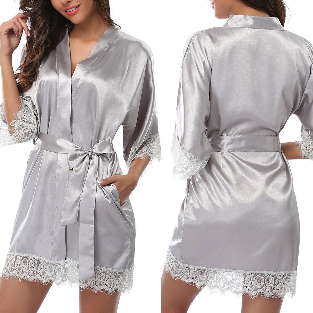 Women Summer Silk Satin Half Sleeve Lace Bandage V-Neck Sleepwear: Silver