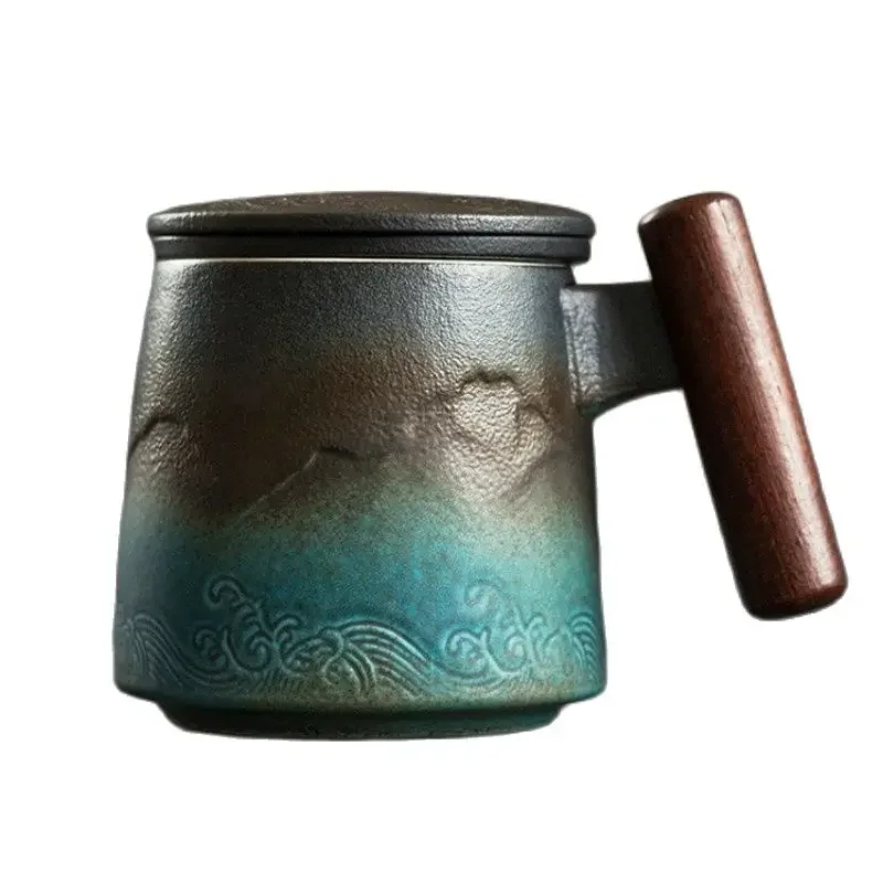 Keramisk retro kaffekop kontor vandkop filter tekop med låg kopper og krus træhåndtag caneca fødselsdagsæske  cm061