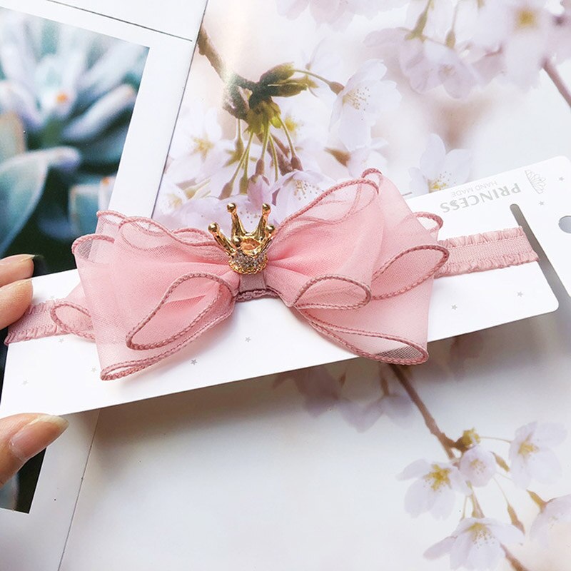 Baby Girls Bowknot Crown Headband Kids Lace Elastic Princess Hair Band Colorful Pompom Baby Hair Accessories: style1 light pink