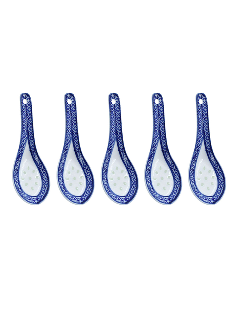 5pcs Chinese Style Ceramic Spoon Blue And White Porcelain Spoon Rice Scoop Spoons Kitchen Tableware