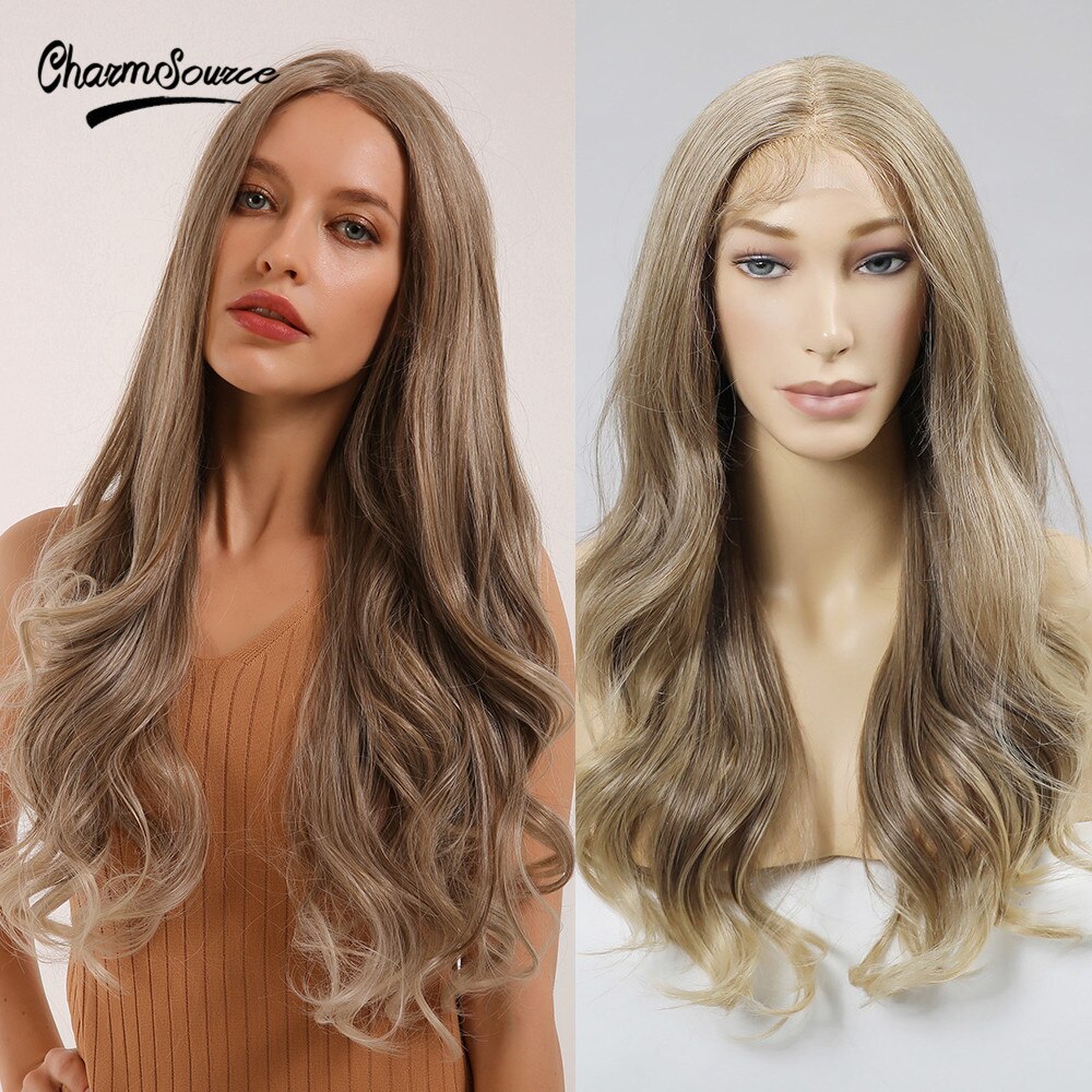 CharmSource Long Natural Wavy Lace Part Synthetic Wigs Light White Blonde for Women Daily Hair High Density Heat Resistant Wig: BL66017-1