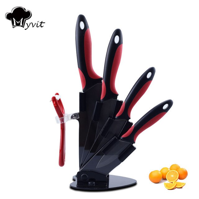 Keramiske knive 3 4 5 6 tommer skrælleholder sæt køkken kok knivblok stativ frugt knivknive zirconia sort blad: Rød sort