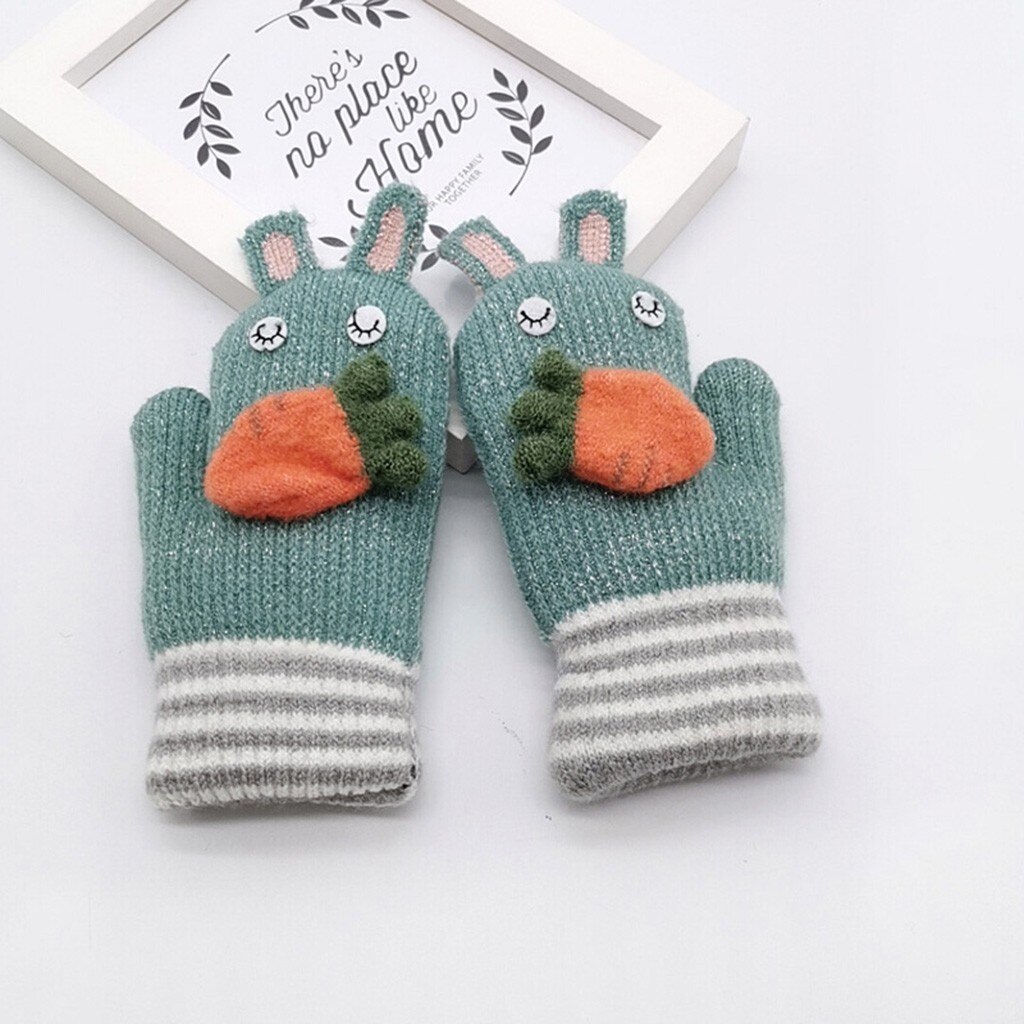 Cartoon Rabbit Knitted Gloves For Children Kids Boys Girls Carrot Applique Patchwork Hand Gloves Winter Warm Full Finger Mittens