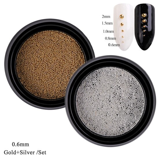 1 boîte de perles en acier Mini Caviar décoration d'ongle 0.6/0.8/1/1. 5/2mm point rond gris Rose or argent poussière Nail Art bricolage vernis à ongles CH031-1: 0.6mmGold Silver Set
