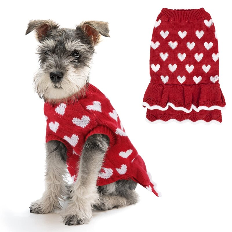 Small dog sweater dress winter warm dog princess dress for female girls red heart puppy dress dog pullover knitwear