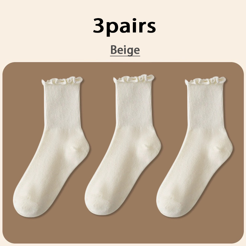 Calcetines con volantes para mujer, 3 par/lote, tubo medio hasta el tobillo, Calcetines blancos y negros transpirables, Calcetines femeninos para primavera y otoño: Azul cielo