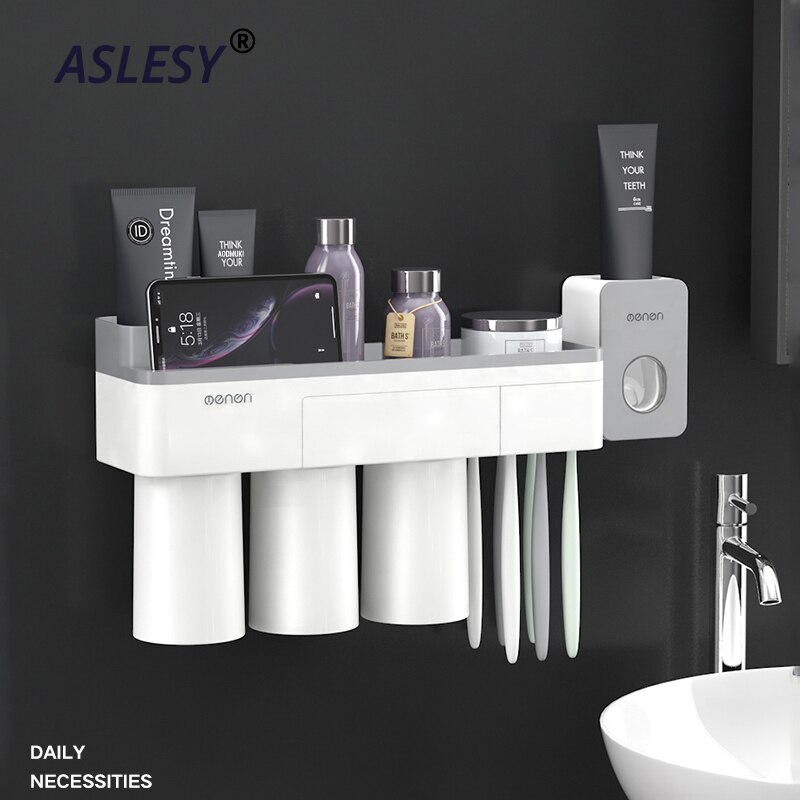Toothbrush Holder Wall Mounted Automatic Toothpaste Dispenser Storage Rack Soft Toilet Brush Tissue Box Bathroom Accessories Set