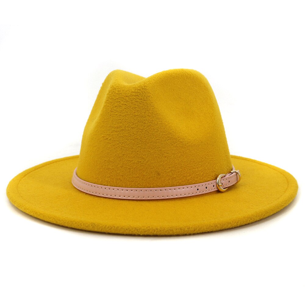 Fs roze vilten hoed winter fedora hoeden dames imitatie wol mix brede rand panama klassieke britse herfst dame jazz pet voor heren: Geel