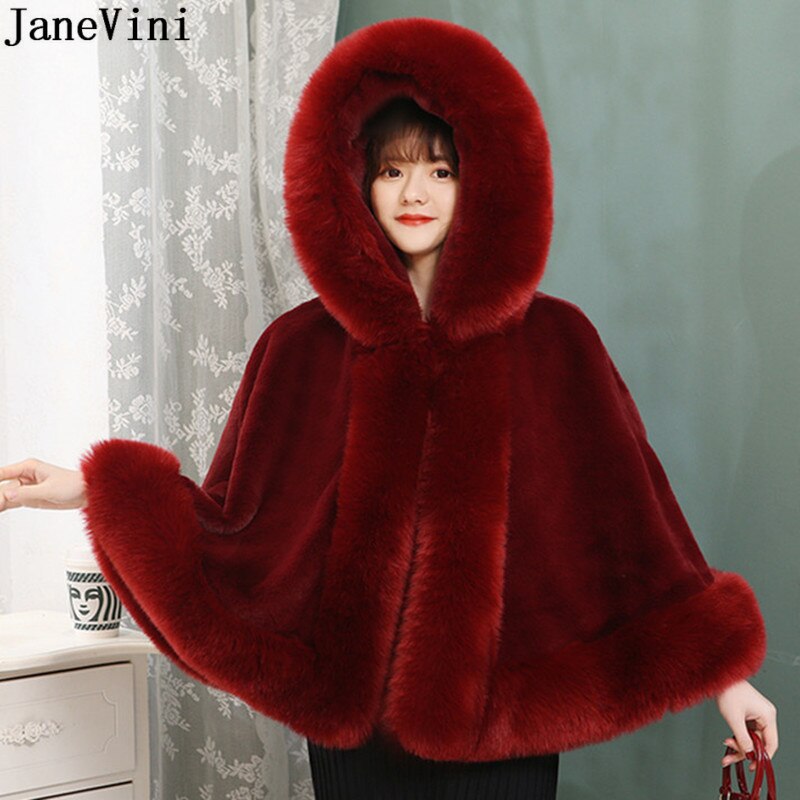 JaneVini bianco rosso pelliccia sintetica avvolgere da sposa inverno matrimonio donna scialle con cappuccio stola di pelliccia coprispalle mantello soprasse Fourrure Blanche Mariage