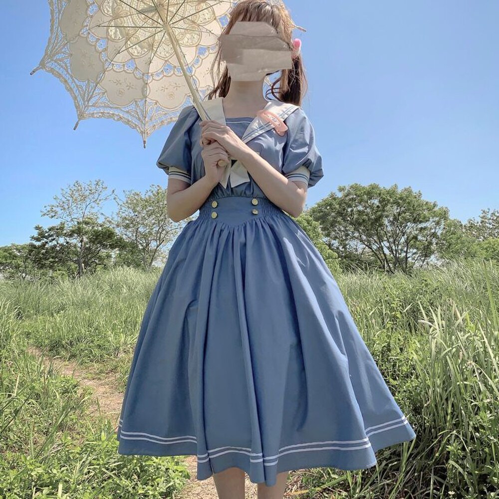 Vestido de Lolita de estilo Preppy para chicas, lazos japoneses, dulce, Harajuku, cuello de marinero, azul marino, lazo Vintage