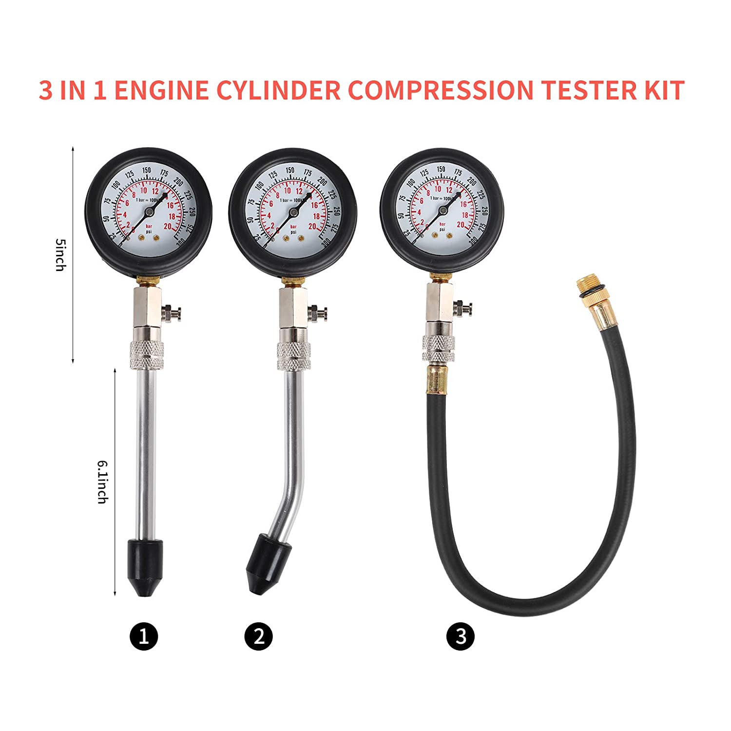 8 PCS Gasoline Engine Compression Tester Cylinder 0-300 PSI Automobile Pressure Gauge Kit with M10 M12 M14 M18 Adapter